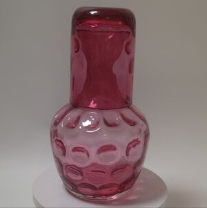 Vtg Fenton Cranberry Glass Coin Dot Thumb Print Tumble Up Water Carafe With Cup